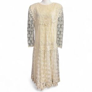 Vintage 80s Scott McClintock Ivory Lace Prairie Dress Cottagecore 16W